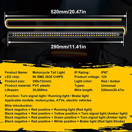 Motorcycle LED Tail Light Strips,11.8" Double color LEDs Brake Stop Tail Lihgt Turn signal Light Multifunction Waterproof Flextible LED Strips for Motorcycle ATV ect.2-Pack. (30cm-90SMD)