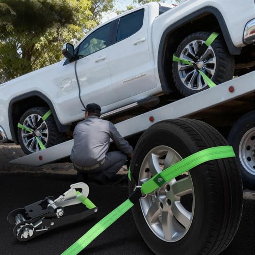 4 Pack Car Tie Down Straps for Trailers - 2" x 8' Heavy Duty Tire Straps with Snap Hooks - 10,000lbs Break Strength, Adjustable Lasso Style Wheel Straps for Hauling Cars, Truck, UTV(Green) - style: Snap Hooks