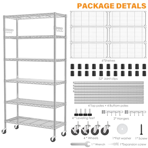 YNN Storage Shelves,6000Lbs 6 Tier Heavy Duty Metal Rolling Shelving Unit with Wheels & 8 Hooks, Adjustable Garage Wire Rack for Kitchen, Bathroom,Industrial,Pantry(36" W x 14" D x 72" H, Chrome) - size: 36"x14"x72" 6-Tier
