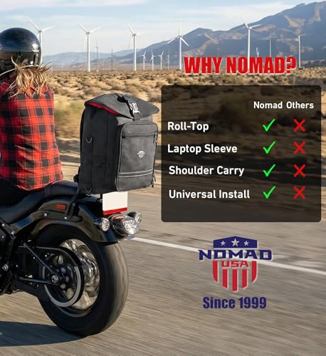 Nomad Motorcycle Sissy Bar Bag Expandable Roll Top Extra Storage Motorbike Tail Bag Converts to Handle & Shoulder Carry,15” Laptop Sleeve Weather Resistant Motorcycle Luggage Rack/Seat Travel (Black)