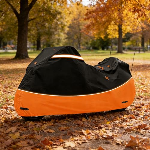 Heavy Duty Waterproof Motorcycle Cover with Side & Top Box Reflective Strips for Harley Ultra Limited Ultra Classic Road Glide Electra Glide, 110" L x 43" W x 55" H,Black & Orange - size: Side+Top Box