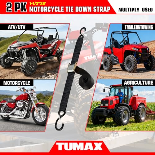 Tie Down Strap Cambuckle Strap - 2000lbs Break Strength, 1.5 in x 8ft Cargo Straps with Safety S-Hooks, Heavy Duty Cam Buckle Strap for Moving Lawn Equipment, Cargo Appliances, Motorcycle, 2PK - color: Black