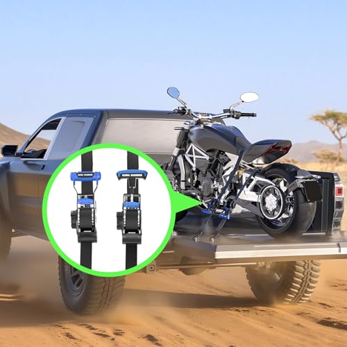 Retractable Ratchet Straps (4-Pack) - 1 Inch x 10 Feet (1,500lb Break Strength) - Auto Self Retracting Tie Down Straps for Truck, Cargo Trailer, Motorcycle, ATV, UTV - Blue