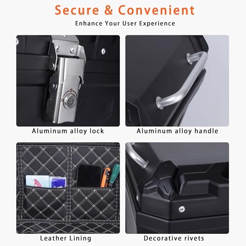Motorcycle Top Case 45L Trunk Tail Box Bag Aluminum alloy handle with Leather Lining Anti-Theft with Lock & Back Cushion Waterproof Dustproof Easy Installation with Universal Bracket Black - color: Black(45L-Single Lock)