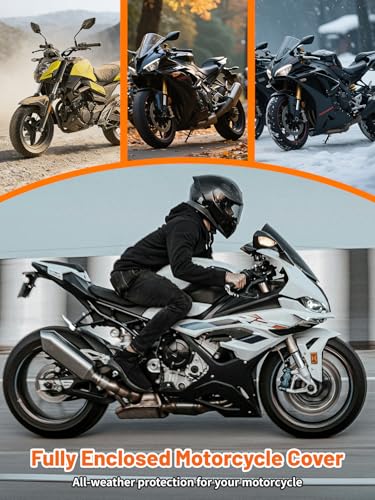 Full Enclosed Motorcycle Cover, 600D Heavy Duty Waterproof Motorcycle Cover with Reflective Strips & Vents, Fits 96" Scooter, Dirtbike, Cruiser & Touring Motorcycles (Black) - size: 96"-XXL