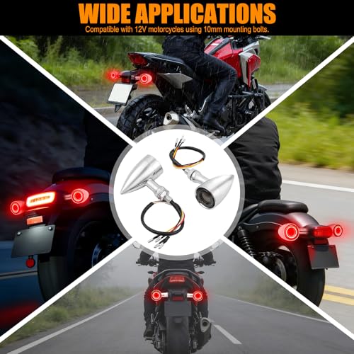 DREAMIZER Motorcycle Led Turn Signal Lights 2x, Bullet Blinker Motorcycle Rear Turn Signal Light Compatible with Harley Honda Yamaha Kawasaki (Chrome/Yellow Red Light) - color: B-Rear/Chrome shell + yellow-red light