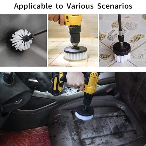 8 Pcs Drill Brush Attachment Set, Power Cleaning Scrub Brush Kit with Extend Long Attachment, All Purpose Drill Scrub Brushes for Car, Grout, Floor, Tub, Bathroom and Kitchen (White) - color: White