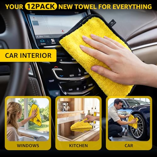 SMINDER 12-Pack Microfiber Cleaning Cloth, Car Drying Towels Car Detailing– XL Microfiber Towels for Cars, Trucks (15.7" x 15.7"), Ultra-Absorbent, Streak-Free, Scratch-Free, No Water Spots - color: Yellow