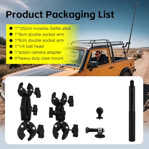Motorcycle Mount Kit with 47" Invisible Stick Bike Handlebar Mount Compatible for Insta360 X5-X, Osmo 360, with Dual Ball Heads, Super Clamps, Action Camera Adapter UTV Dirtbike, Motocross, Enduro