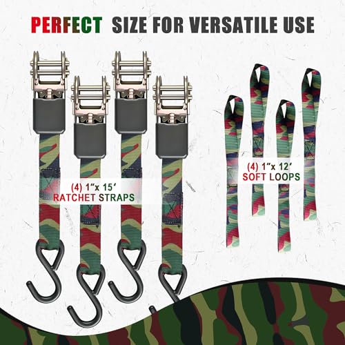 AWELCRAFT Ratchet Straps 4 Pack,1 Inch x 15 Feet Tie Down Ratcheting Strap,1500lb Breaking Strength with S-Hook,4X Soft Loops for Moving Appliances,Lawn Equipment,Truck,Motorcycle(Camouflage) - color: Camouflage