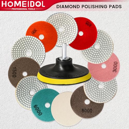 15PCS Diamond Polishing Pads Set 4 Inch, HOMEIDOL 50-8000 Grit Marble Polishing Kit for Concrete Stone, Wet/Dry Granite Polishing Kit for Drill, Grinder, Polisher with 5/8"-11 Backer Pad