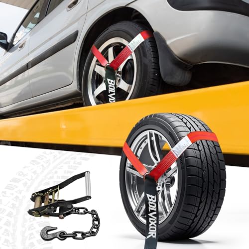 4 Pack Car Tie Down Straps for Trailers - 2" x 96" - 9900LBS Break Strength - Tire Ratchet Straps with Heavy Duty Chain Anchors for Hauling UTV, SUV, Truck, Any Cars - color: Red