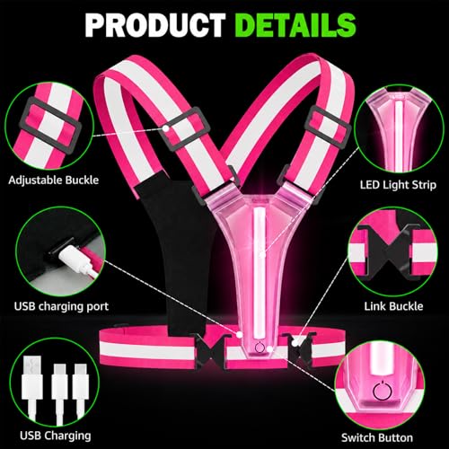 LED Reflective Vest Running Gear, 5 Colors Light Up Safety Vest | Rechargeable High Visibility Running Vest, Adjustable for Men Women. Ideal for Night Running, Walking, Cycling & Jogging. - color: Pink