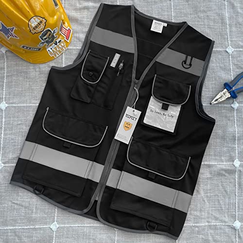 TCCFCCT Safety Vest for Men Women, 9 Pockets High Visibility Reflective Safety Vest, Hi Vis Construction Vest with Reflective Strips, Meets ANSI/ISEA Standards, (Black, Small) - color: Black Fabric-bison 001, size: Small