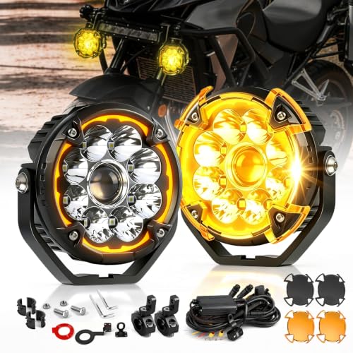 CO LIGHT 5 Inch Motorcycle Fog Lights 150W White/Yellow Auxiliary Lights Hilo Beam Amber DRL LED Pod Lights with Amber/Black Mask Wiring Harness for Motorcycle ATV UTV Night Riding ADV Touring 2PCS - color: D051