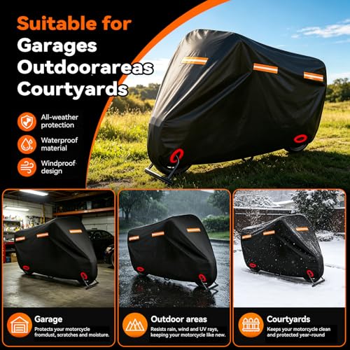 Motorcycle Cover Waterproof PE Aluminum Film Soft Cotton Lining, All-Season Outdoor Protection with Anti-Theft Lock Holes, Windproof Buckle, 5 Reflective Strips, Fits Motorcycles up to 116" - size: 116" x 41" x 50"