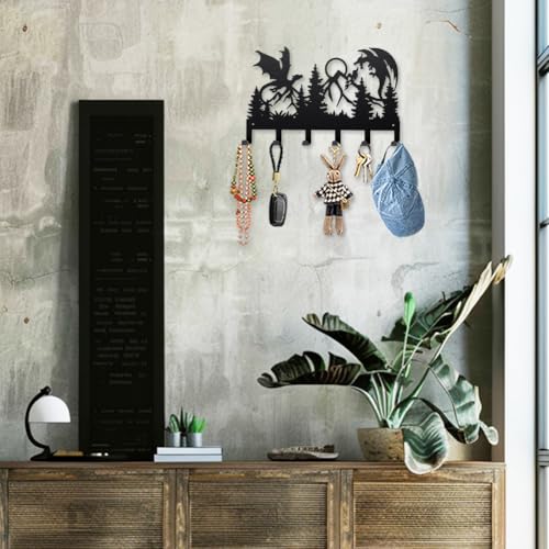 MAYJOYDIY Double Dragon Battle Metal Key Hook Mountain Forest Coat Rack Wall Mounted 15.7×9.8inch Art Wall Decor Key Holder Organizer Rack with 6 Hooks for Gift Coats Hats Towels Bags Hanging - style: Double Dragon Battle