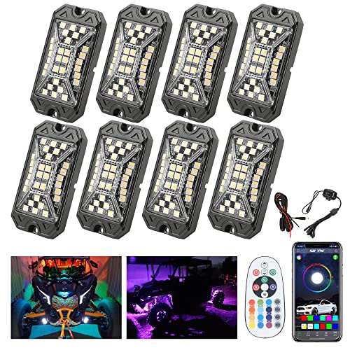 SUNPIE 8 Pods RGBW Rock Lights – Full Beam Angle, 30 High Power Chips, Aluminium Housing, Mounting Pads Included, IP67 Waterproof, Music Mode Underglow Lights, Fits Trucks, SUV, ATV, UTV, Boats - size: 8Pcs