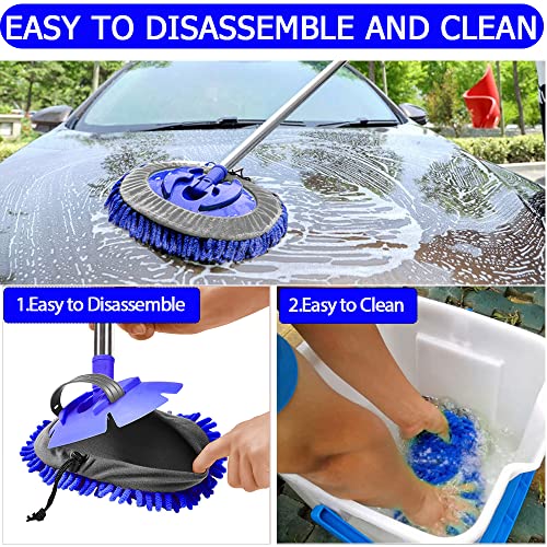 WillingHeart 47.5" Car Wash Brush Mop Cleaning Tool with Long Handle Kit for Washing Detailing Cars Truck, SUV, RV, Trailer, Boat 2 in 1 Chenille Microfiber Sponge Duster Not Hurt Paint Scratch Free - color: Blue