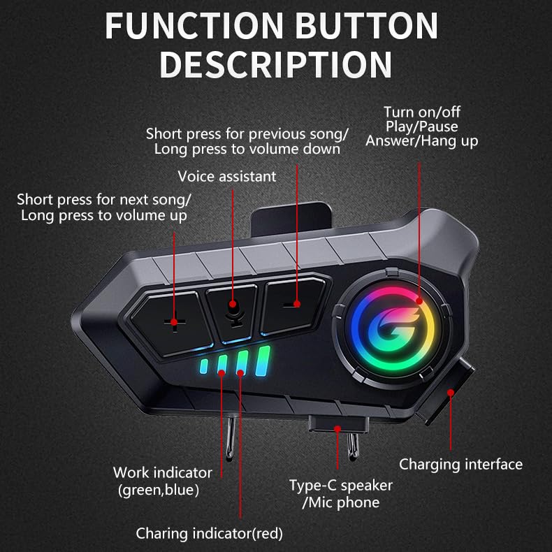 Motorcycle Helmet Bluetooth Speakers, Y10G Motorbike Headset Wireless 5.3 1000mAh with Hard Mic, Noise Cancellation, Stereo Sound, IPX6 Waterproof, Handsfree Earphones for Music Call Control
