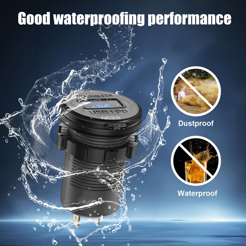 12V USB C Outlet Marine USB Charging Port for Car, Dual Quick Charge 3.0 & PD 3.0 Car Charger Socket with Button Switch and Voltmeter, Cigarette Lighter Replacement DIY Kit for 12V/24V Vehicles - color: 1 pack