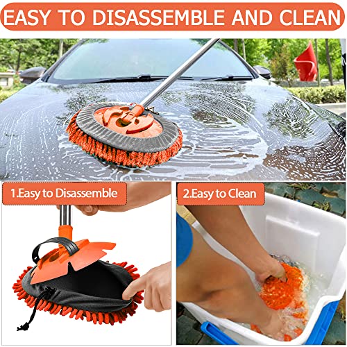 WillingHeart 47.5" Car Wash Brush Mop Cleaning Tool with Long Handle Kit for Washing Detailing Cars Truck, SUV, RV, Trailer, Boat 2 in 1 Chenille Microfiber Sponge Duster Not Hurt Paint Scratch Free - color: Orange