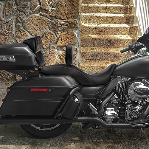 C.C. RIDER Classic Seat Backrest Pad - Driver Seat Rider Sissy Bar Passenger Backrest Pad Kit fit for Harley Davidson Touring Road King Street Glide Electra Glide Road Glide 2014-2023 - color: Seat + Driver + Passenger Sissy Bar Black Orange