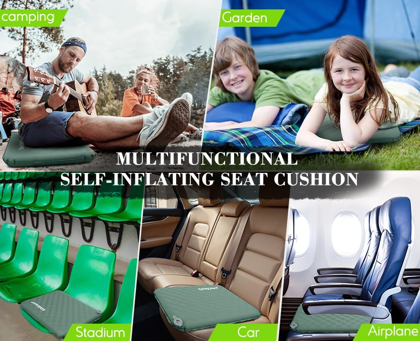 Inflatable Seat Cushion, Self-Inflating Memory Foam Stadium Seats Cushion Lightweight & Compact Chair Sitting Pad Airplane Cushion for Long Flight Travel Outdoor Camping Car Bleachers Office - color: Green