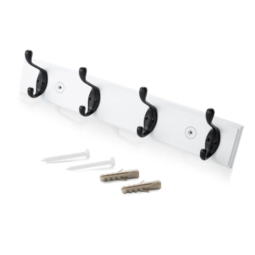 HOME MASTER HARDWARE Coat Rack Wall Mount White, MDF Wall Mounted Coat Hooks for Hanging Coats, 16" Hat Rack for Wall with 4 Matte Black Hooks - color: White Board with Matte Black Hooks, size: 16 Inch