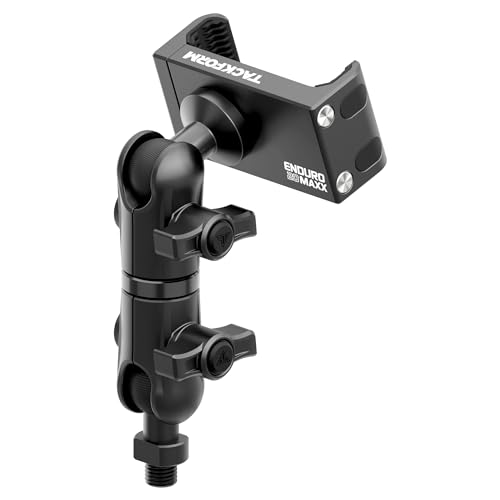 Tackform Black Motorcycle Phone Holder - 20MAXX Spring Cradle | Mirror Hole Mount - M10 x 1.25 Standard Fine Threaded 20mm Ball | Aluminum | Compatible with iPhones, Galaxy Devices, More | 3.5" Arm