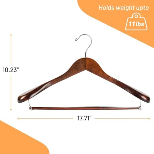 DEILSY Wide Shoulder Wooden Suit Hangers with Non-Slip Pants Bar & 360° Swivel Hook - Smooth Finish Coat Hangers for Men and Women - Heavy Duty Clothes Hanger – Pack of 6 - color: Brown
