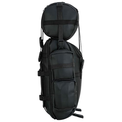 Expandable Black PU Motorcycle Sissy Bar Bag, Weather Resistant Luggage with Secure Mounting and Multiple Storage Compartments