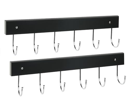2 Pack Coat Rack Wall Mount with 12 Rotating 180° Coat Hooks, 14.6" Rustproof Wooden Entryway Organizer, Wall Hooks for Hanging Coats, Purse, Hats, Jackets, Towels, Space Saving Hanger (Black) - color: Black