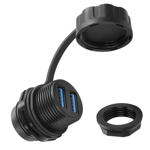 QIANRENON Dual USB3.0 Threaded Fixed Waterproof Connector 5Gbps Dual USB 3.0 Female to Female Bulkhead Mount Adapter 2 USB Port Front Panel Mount Socket 5V1.5A IP68, for Extend 2 USB Port