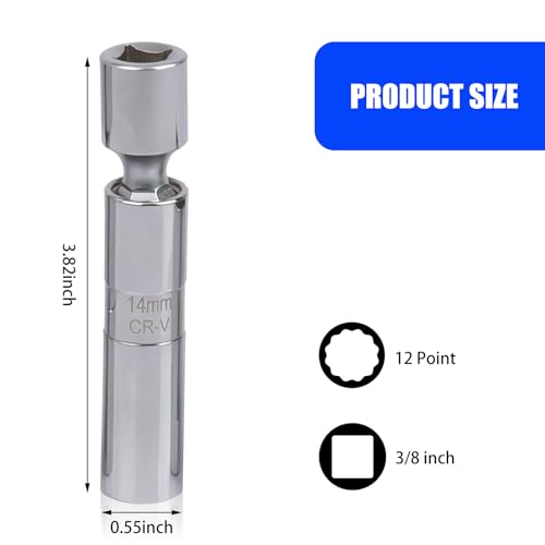 QODOLSI 1 PC Car Spark Plug Socket Ultra-Thin 14mm Wrench, 3/8" Drive 12-Point Spark Plug Socket Disassembly Tools, 360° Rotating Durable Steel Universal Joint, for Most Cars Motorcycles (Silver)