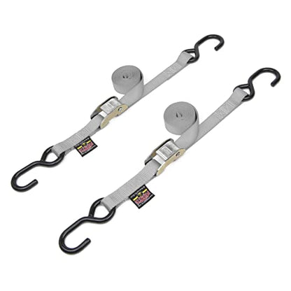PowerTye 1in x 5.5ft Cam Buckle Tie-Downs w/S-Hooks - 400 lb. WLL / 1,200 lb. Breaking Strength - Made in USA - Silver (Pair) - color: Silver Strap