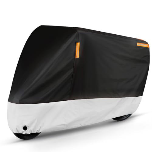 Puroma Motorcycle Cover Heavy Duty Scooter Cover Waterproof Outdoor All Season Universal Weather Quality Protection with Night Reflective, Lock Holes and Storage Bag Fits up to 105" Motorcycle Vehicle - color: Black & Silver, size: 105'' L x 41'' W x 49''