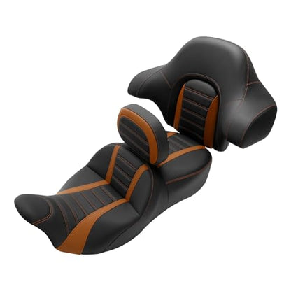 C.C. RIDER Driver Passenger Seat with Rider Backrest and King Tour Trunk Backrest Pad fit for Harley Touring Road King Street Glide Road Glide Electra Glide 2014-2023 - color: 02# Orange (Seat With Backrests)