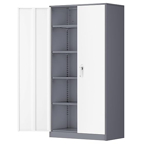 Greenvelly Metal Garage Storage Cabinet, 72" Locking Metal Cabinet with Doors and Adjustable Shelves, Steel Tool Cabinets, File Cabinet for Home Office, Garage (36" W x 18" D) - color: Grey White, size: 72 inch - Large