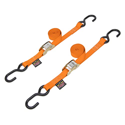 1in x 5.5ft Cam Buckle Tie-Downs w/S-Hooks - 400 lb. WLL / 1,200 lb. Breaking Strength - Made in USA - Orange (Pair) - color: Orange Strap