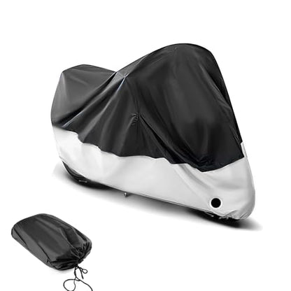 1 PC 190 T Car Cover, 104.33" x 49.21" x 41.33" Indoor and Outdoor Rain Cover with Wind Buckle, Motorcycle Body Dust Cover with Locking Hole, Universal for Most Motorcycles (Black & Silver)