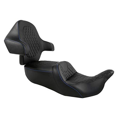 C.C. RIDER Driver Passenger Seat with Wrap-around King Tour Trunk Backrest Pad Sissy Bar fit for Harley Touring Road King FLHR Street Glide FLHX Road Glide FLTRX Electra Glide 2014-2023 - color: 04# Blue+ Passenger Backrest