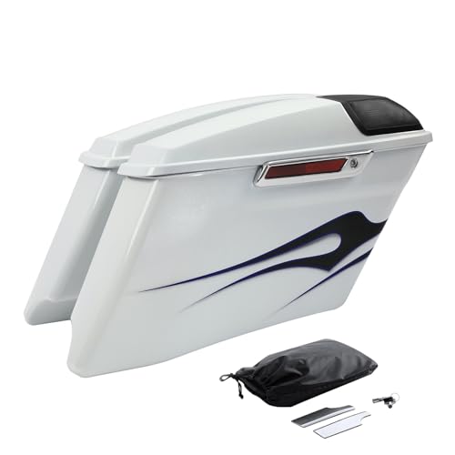 HR3 White Amethyst with Black Licorice Flames 4" Stretched Hard Saddlebags w/Speaker Lids Compatible with 2016 CVO Street Glide FLHXSE (Replace for OEM) - color: White Amethyst with Black Licorice Flames