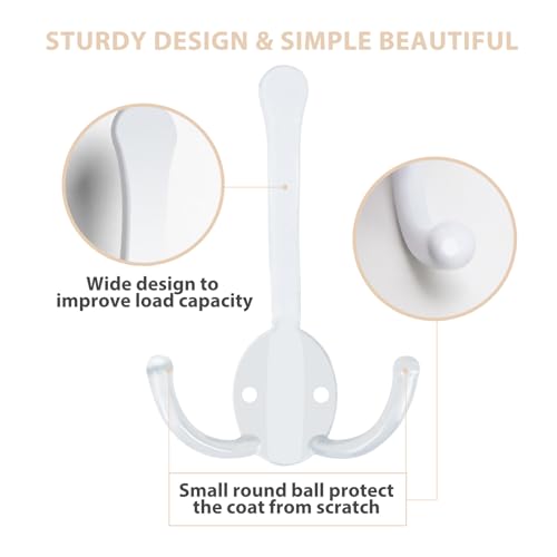 Homanu 10 Pack Coat Hooks Heavy Duty, Metal Three Prongs Large Coat Hooks Wall Mounted with 20 Screws, No Rust White Rustic Wall Hooks for Hanging Towel, Coat, Scarf, Bag, Hat, Cup, Key - color: 10 Pcs White