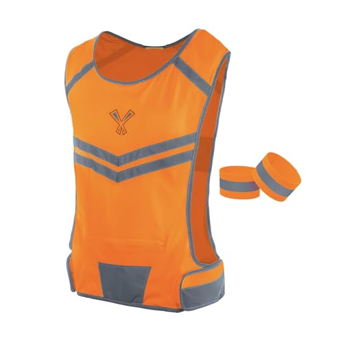Reflective Running Vest with Pocket & 2 Bands with High visibility for Night Running, Walking & Cycling - color: Orange, size: X-Large