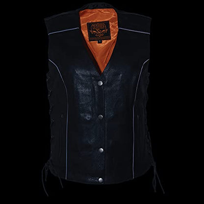 Milwaukee Leather Women's V-Neck Distress Grey Premium Leather Motorcycle Rider Vest w/Side Laces MLL4531 - color: Mll4500-black, size: XX-Large