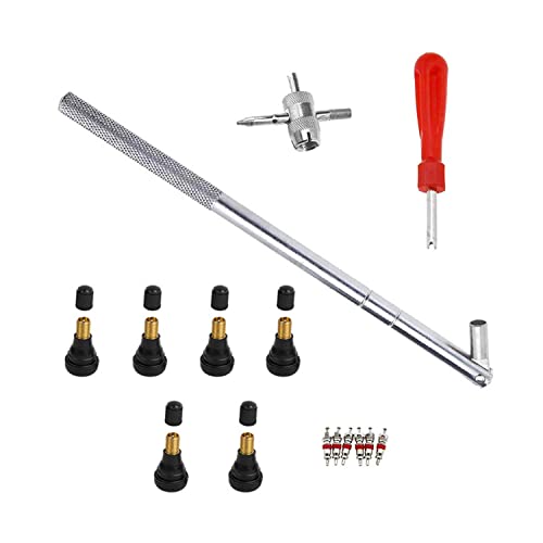 Tire Valve Stem Tool Puller and Installer Kit, Remover and Installation Set, 6 Pcs TR412 Snap-in Valve Stems with Valve Stem Cores, 1 Pcs Single Head Tire Valve Core Tool, 1 Pcs 4-Way Valve Tool - color: Style B