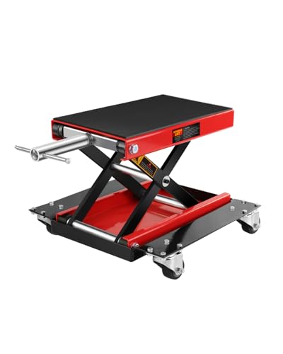 Motorcycle Scissor Lift Jack with Dolly Wheels & Hand Crank - 1100LBS Heavy Duty Adjustable Bike Lift for Cruiser, Dirt Bike, ATV - Foldable, Non-Slip Platform, Garage Repair Stand
