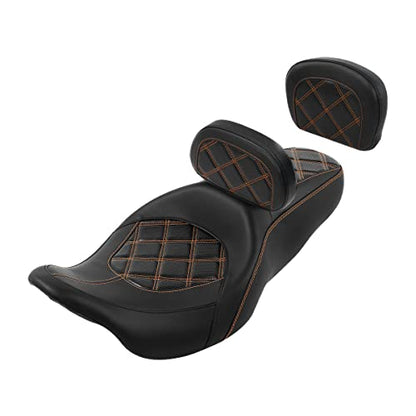 C.C. RIDER Classic Seat Backrest Pad - Driver Sissy Bar fit for Harley Davidson Touring Road King Street Glide Electra Glide Road Glide 2009-2023 - color: Seat + Driver Pad + Passenger Pad Black Orange