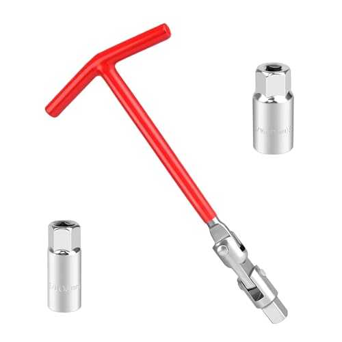 MLY 3 PCS Spark Plug Socket, T-Handle 5/8" (16mm) & 13/16" (21mm) Spark Plug Wrench Socket Set, Non-Slip Remover Installer Tool, Universal Fit for Motorcycles, Small Engines, Automotive Use (Red)